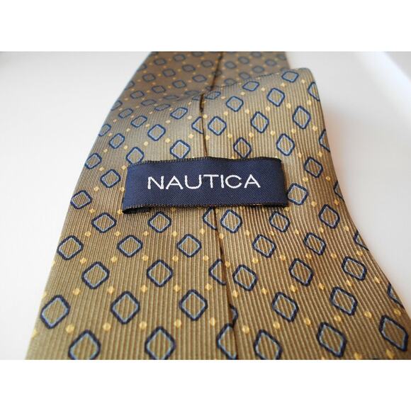 Nautica Mens Tie 100% Silk Neckwear Greenish Brown Blue Yellow Diamond Pattern - Picture 7 of 8